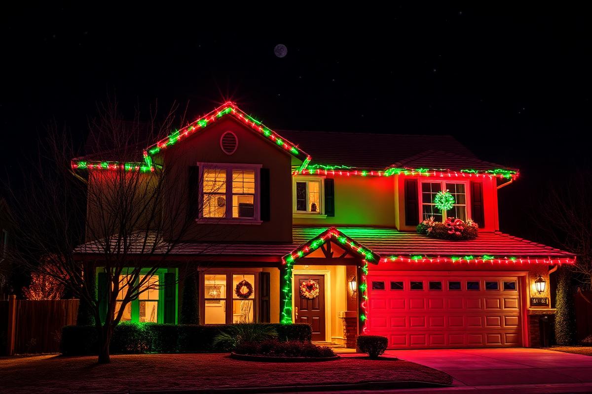 Home with red and green programmable holiday LED lighting
