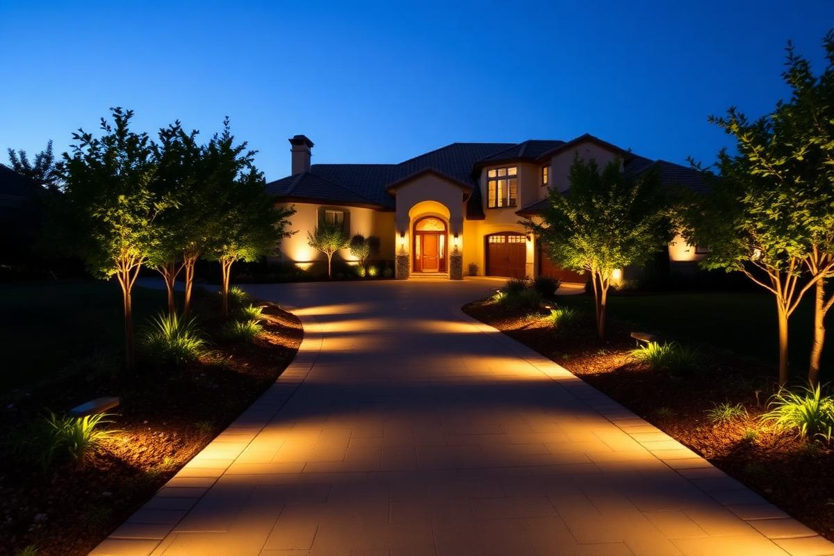 Landscape and pathway LED lighting along a driveway