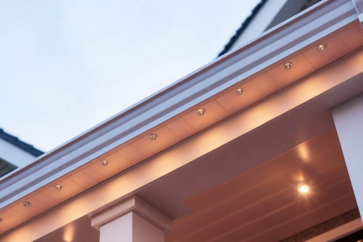 Permanent LED lights installed along a home soffit
